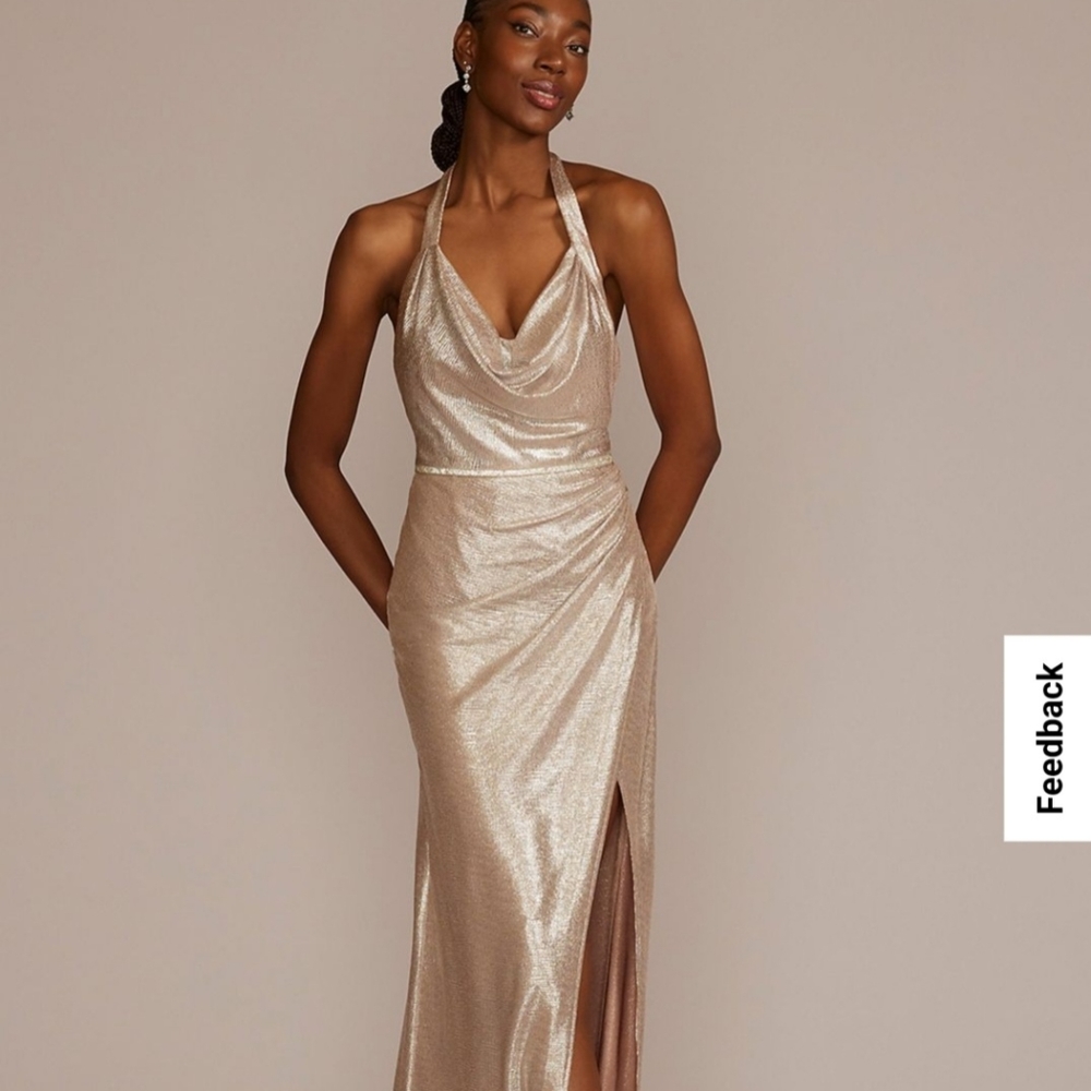 Size 10 David's Bridal wedding bridesmaid dress gown halter cowl metallic long